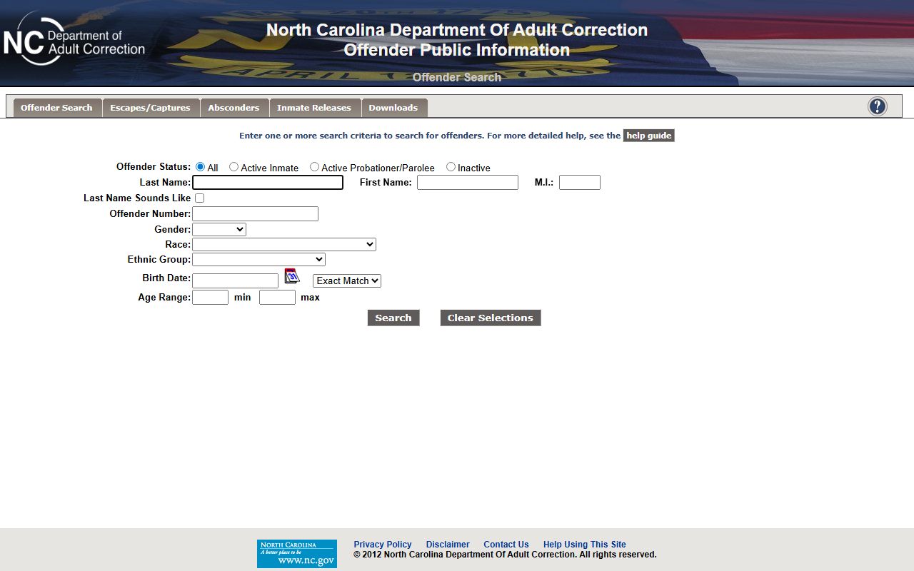 NCDAC search fields for Person County inmate records after state prison transfer